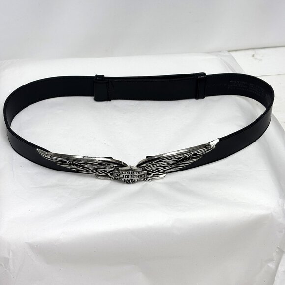 Harley Davidson Genuine Black Leather Winged Silver tone Buckle Belt EUC